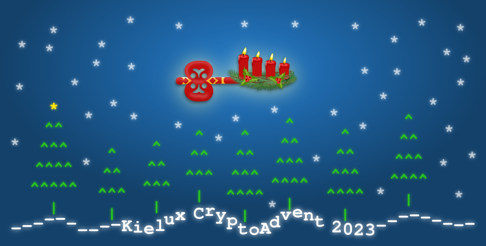 CryptoAdvent 2023 Symbolbild Unter einem ASCII-Kunst-Bild von Tannen vor einem Sternenhimmel erscheint der Schriftzug ---Kielux CryptoAdvent 2023---